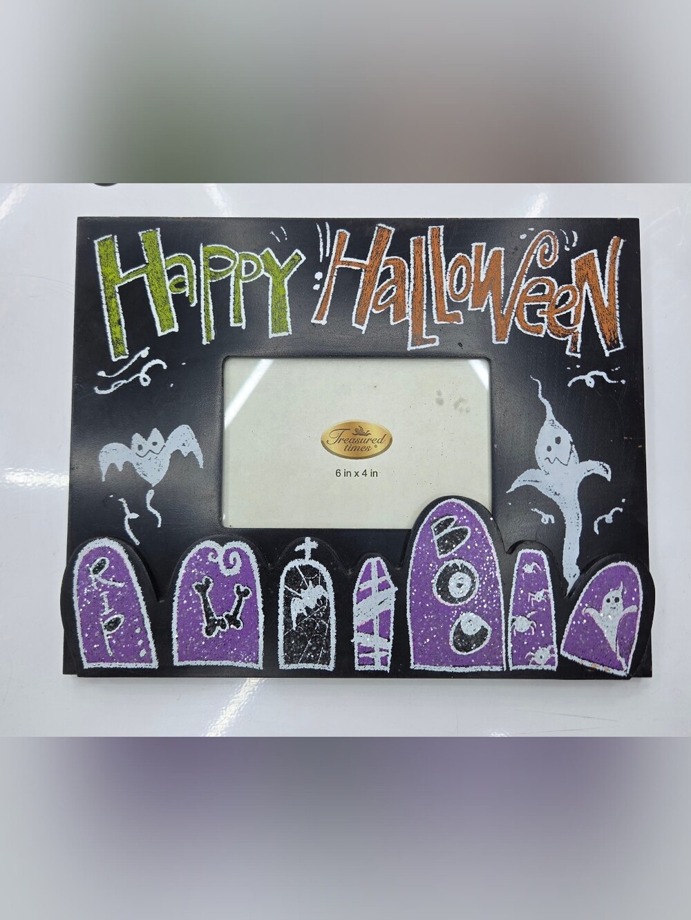 Vintage Halloween Picture Frame 4x6 Treasured Times Spooky Tombstones Ghost Bat